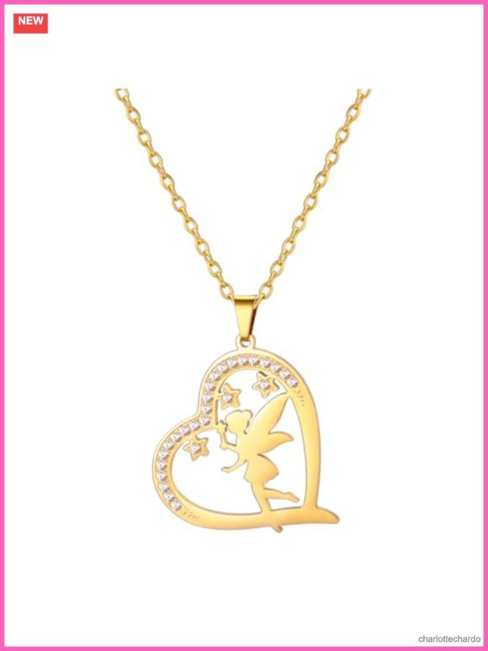 Stainless Steel Fairy Pixie Pendant Necklace Cubic Zirconia Angel Wings